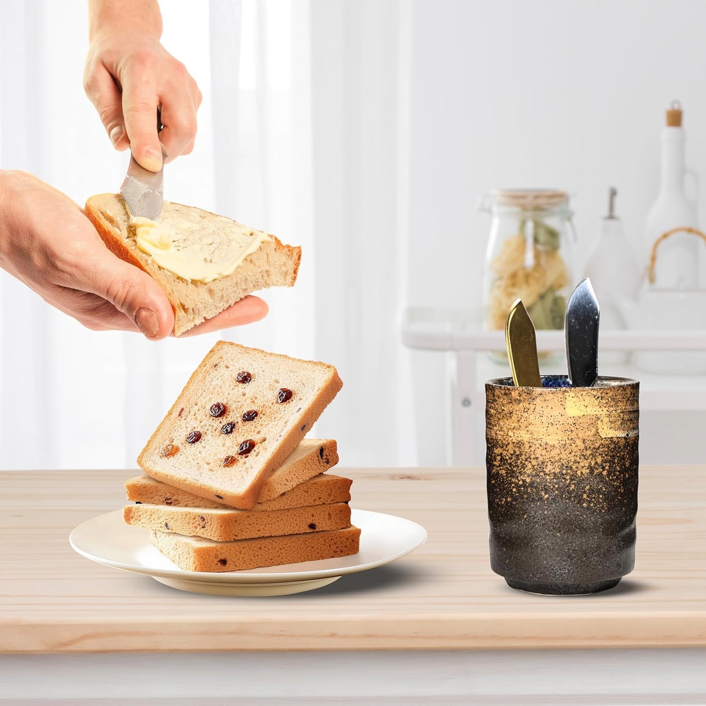 Ceramic Spoon Holder for Coffee Bar, Upright Tea Spoon Holder Cup, Coffee Stirrers Straws Stir Stick Holder, Frost on Brown Earth