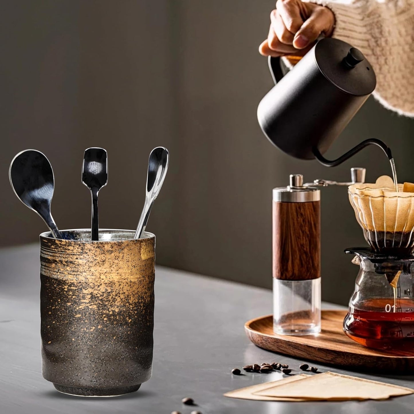 Ceramic Spoon Holder for Coffee Bar, Upright Tea Spoon Holder Cup, Coffee Stirrers Straws Stir Stick Holder, Black Starry Sky