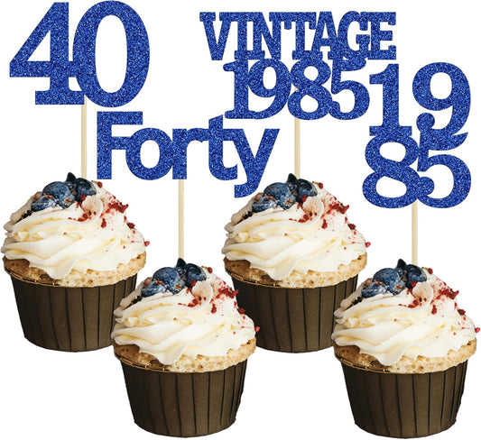 Gyufise 24Pcs Vintage 1985 Cupcake Toppers Glitter Cheers to 40 Fabulous Forty Cupcake Picks 40th Birthday Wedding Anniversary Party Cake Decorations Supplies Deep Blue