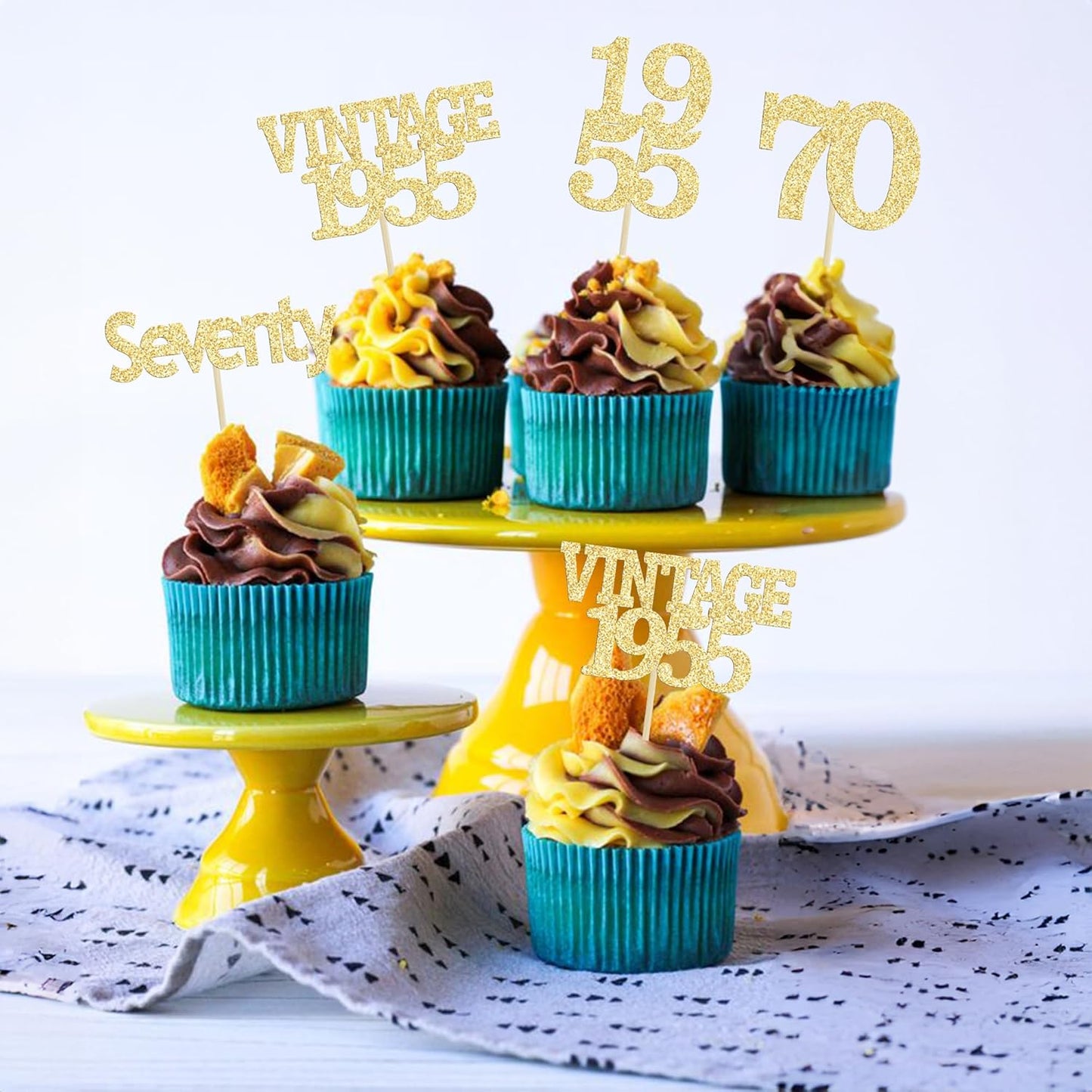Gyufise 24Pcs 70th Birthday Cupcake Toppers Glitter Cheers to 70 Fabulous Seventy Vintage 1955 Cupcake Picks 70th Birthday Wedding Anniversary Party Cake Decorations Supplies Gold