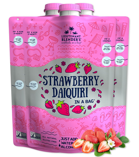 Lt. Blender's Strawberry Daiquiri in a Bag – Strawberry Daiquiri Mix - Each Bag Makes 1/2 Gallon - Non-GMO – No Daiquiri Machine Needed - Make a Cocktail, Wine Slushie or Mocktail - (Pack of 3)