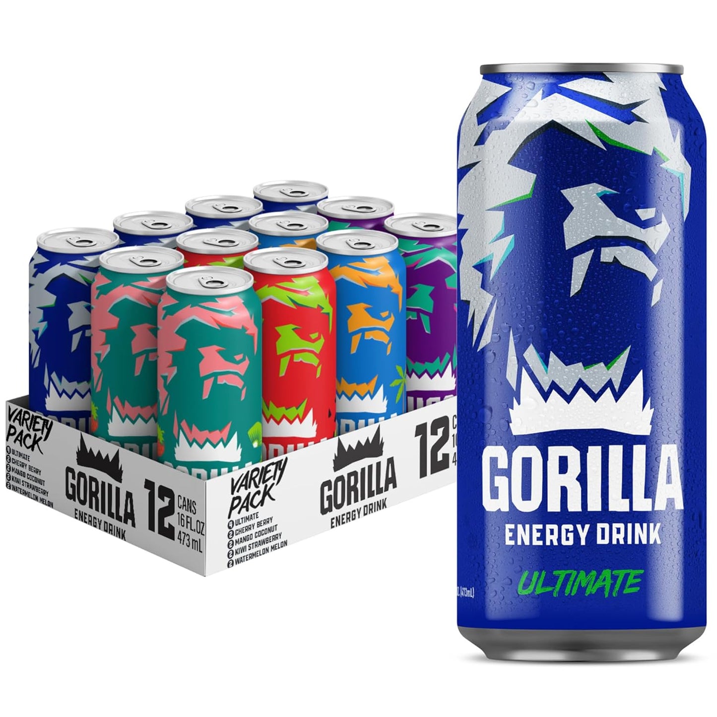 Gorilla Energy Drink, Variety Pack, 200mg Natural Caffeine, Real Fruit Juice Squeezed & Concentrated, L-Theanine, Taurine, Ginseng, Acetyl L-Carnitine, No Added Sugar and No Artificial Colors, 12 Pack