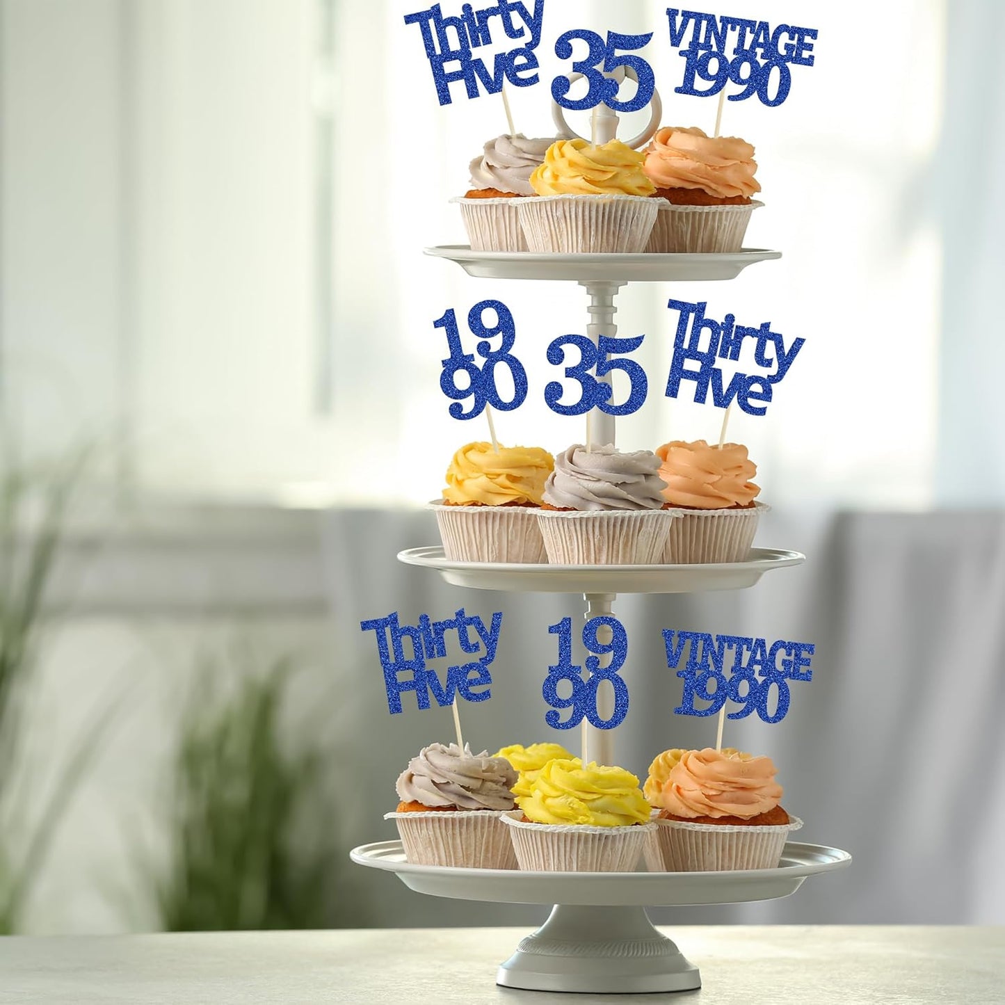 Gyufise 24Pcs Vintage 1990 Cupcake Toppers Glitter Cheers to 35 Fabulous Thirty Five Cupcake Picks 35th Birthday Wedding Anniversary Party Cake Decorations Supplies Deep Blue