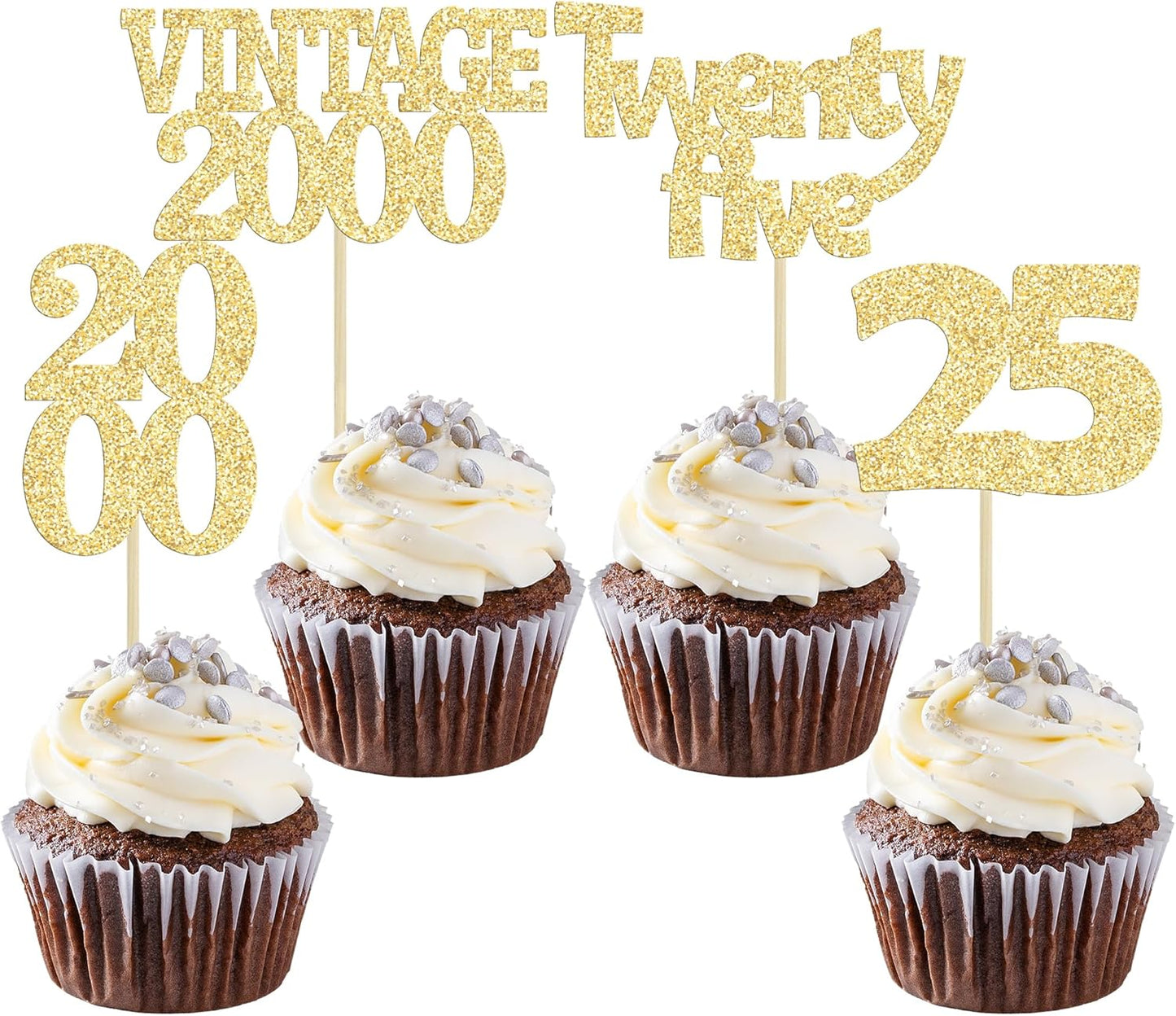 Gyufise 24Pcs Cheers to 25 Cupcake Toppers Glitter Twenty-five Vintage 2000 25th Birthday Cupcake Picks Hello 25 Years Birthday Cake Decorations for Happy 25th Anniversary Party Supplies Gold