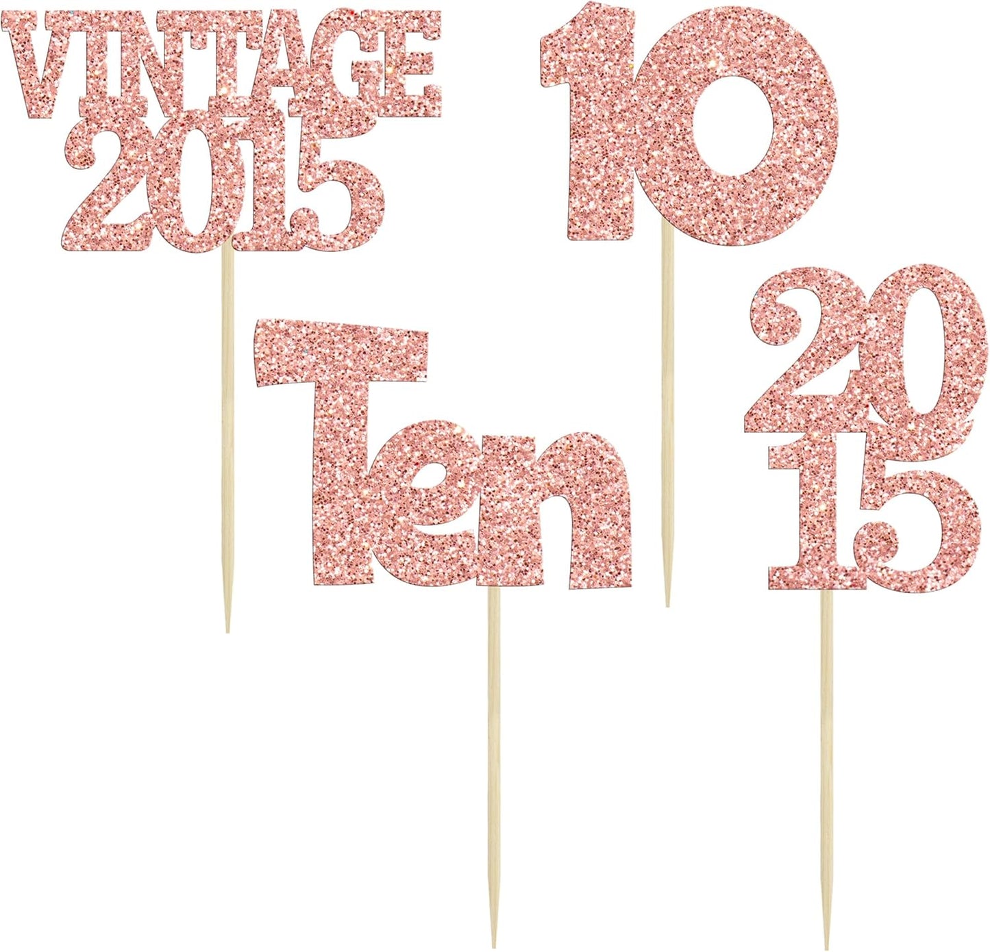 Gyufise 24Pcs 10th Birthday Cupcake Toppers Glitter Ten Vintage 2015 Hello 10 Years Birthday 10 Cupcake Picks Double Digits Cake Decoration for Happy 10th Anniversary Party Supplies Rose Gold