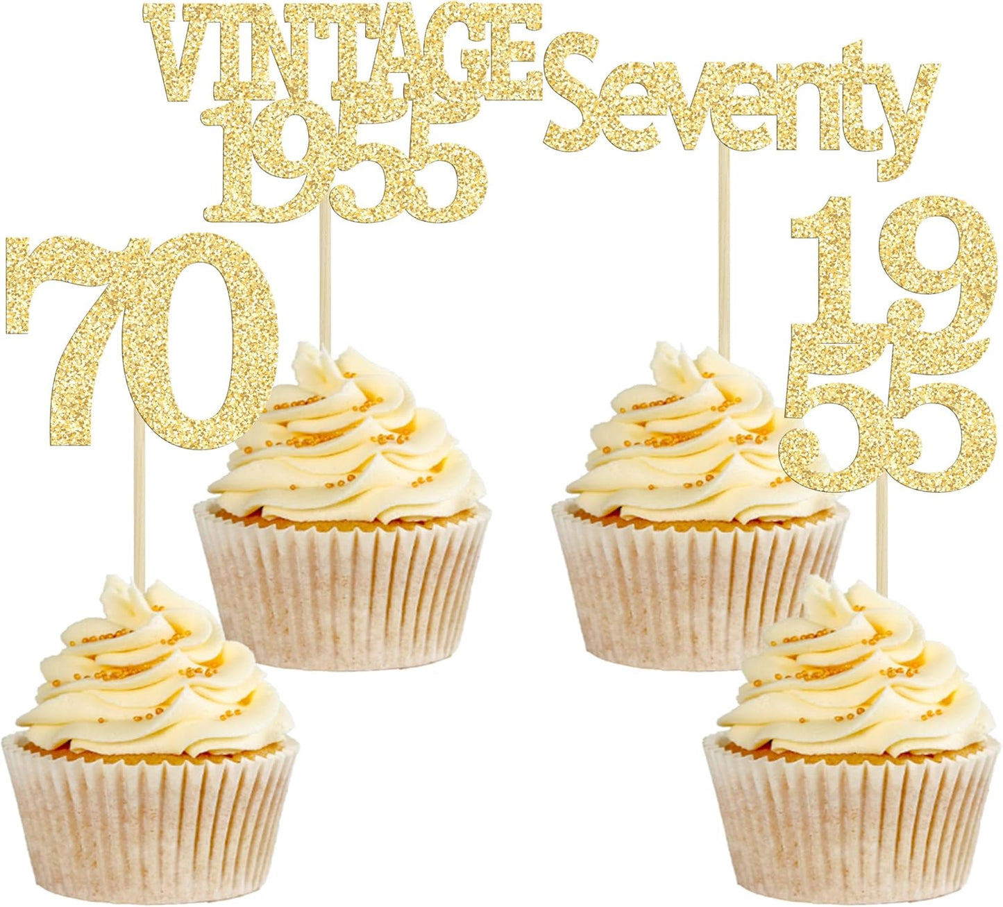 Gyufise 24Pcs 70th Birthday Cupcake Toppers Glitter Cheers to 70 Fabulous Seventy Vintage 1955 Cupcake Picks 70th Birthday Wedding Anniversary Party Cake Decorations Supplies Gold