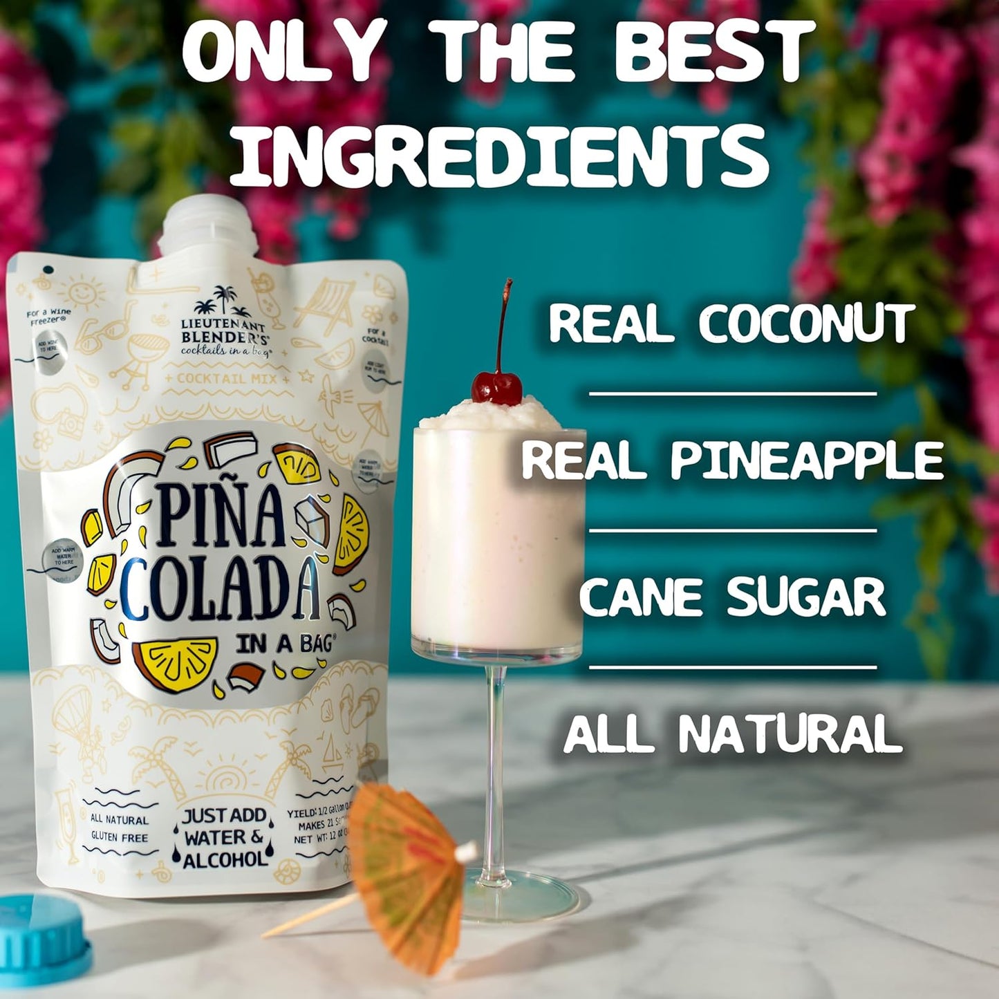 Lt. Blender's Pina Colada in a Bag – Pina Colada Drink Mix - Each Bag Makes 1/2 Gallon of Slushie Pina Coladas – Cocktail Mix - Make a Cocktail, Wine Slushie or Mocktail - (Pack of 5)