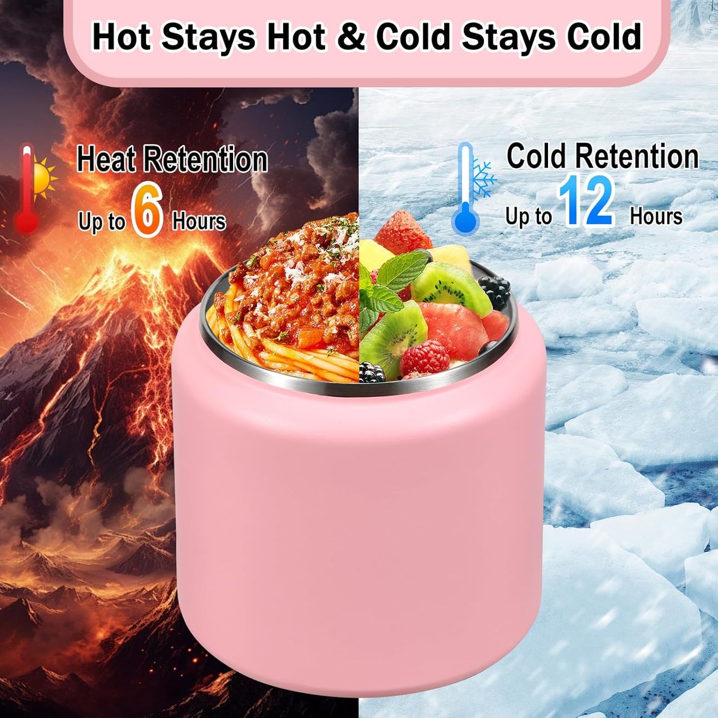 26oz Kids Thermos for Hot Food, Insulated Vacuum Food Jar with Buckle Lid, Stainless Steel Wide Mouth Leak Proof Insulated Lunch Container for School Picnic Travel, Pink