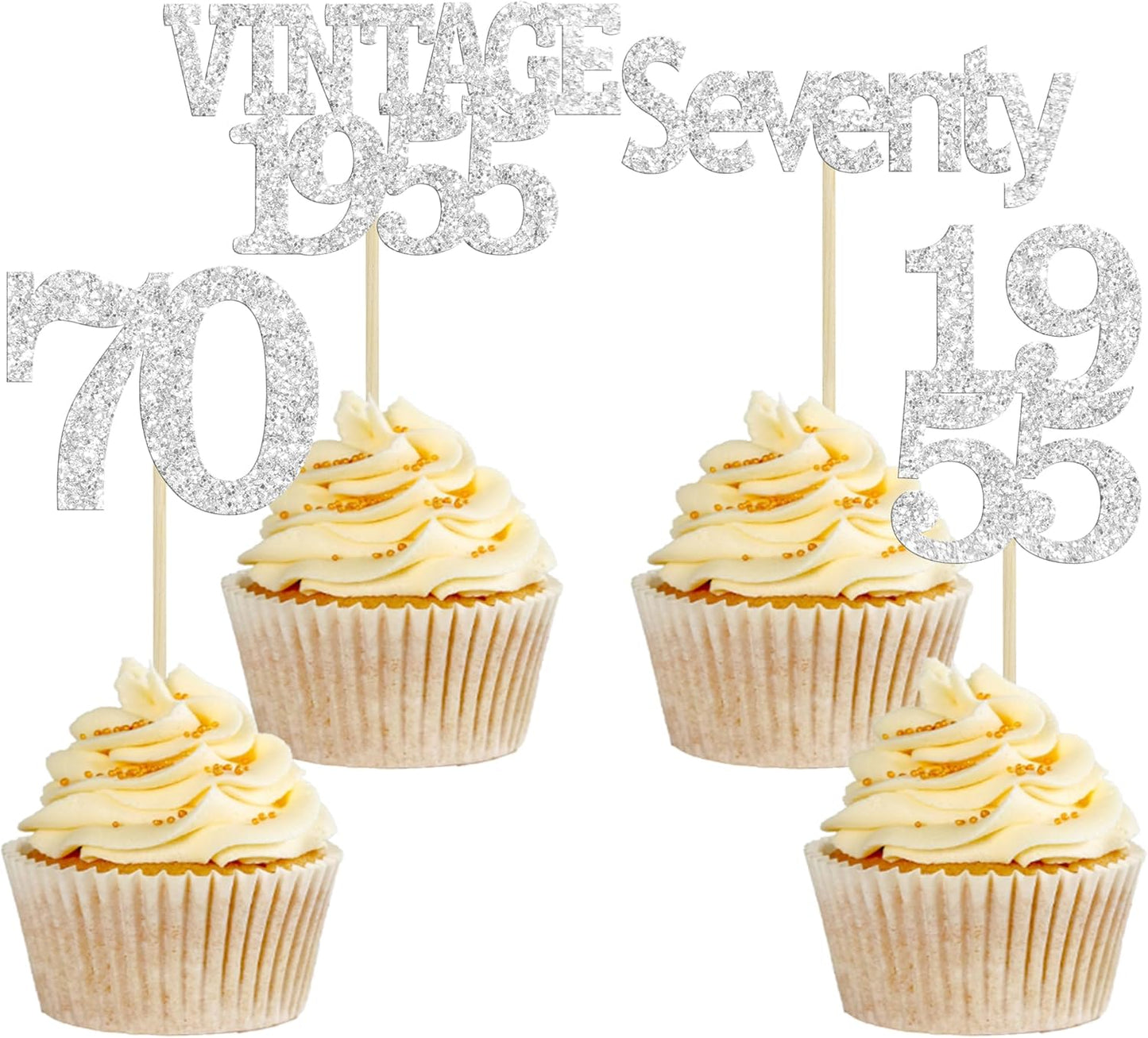 Gyufise 24Pcs 70th Birthday Cupcake Toppers Glitter Cheers to 70 Fabulous Seventy Vintage 1955 Cupcake Picks 70th Birthday Wedding Anniversary Party Cake Decorations Supplies Silver