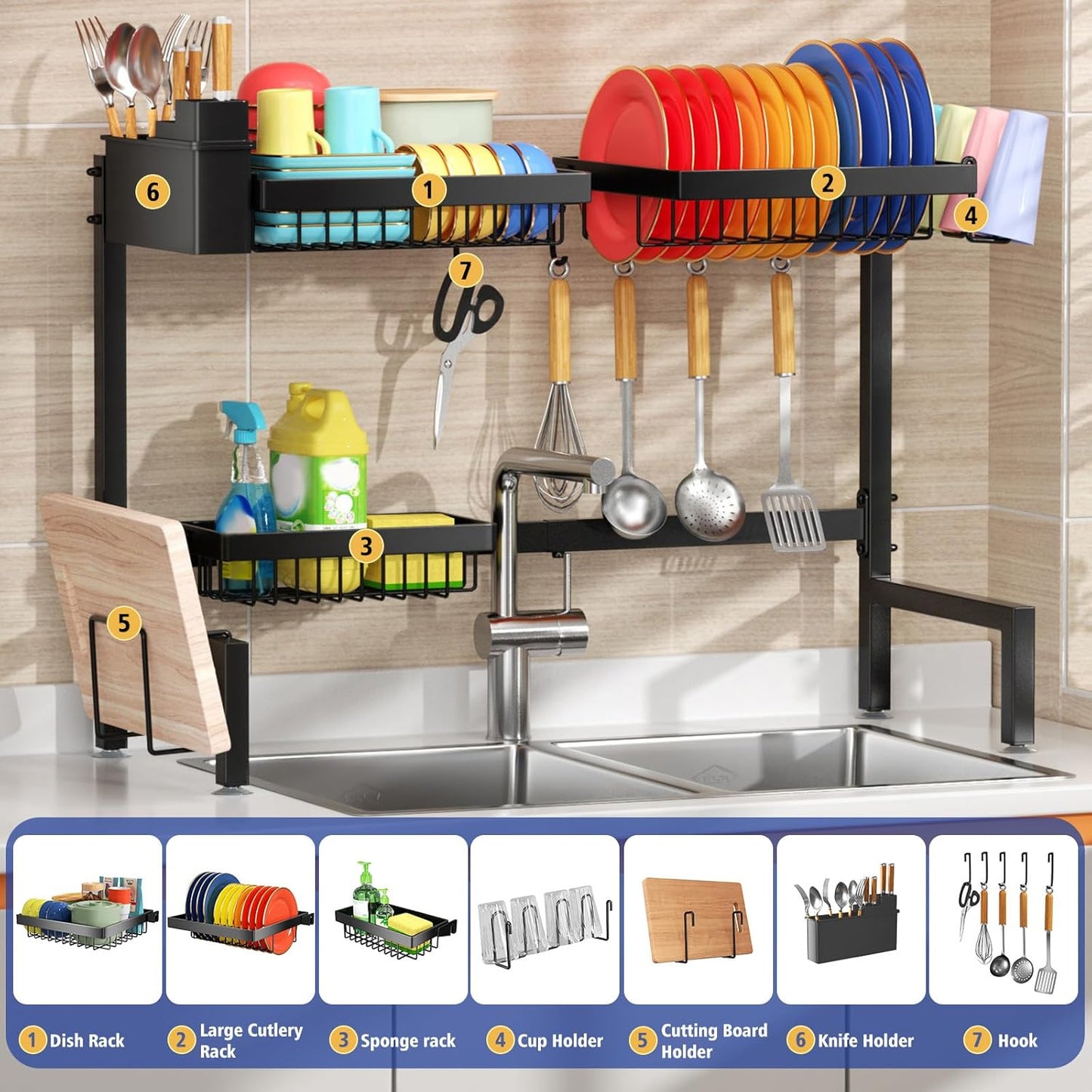 SNSLXH 2-Tier Over The Sink Dish Drying Rack, Kitchen Large Dish Drying Rack Over The Sink, Suitable for Most Sinks, Effective Dish Drying, Kitchen Drying Rack（24.8"-35.4"）