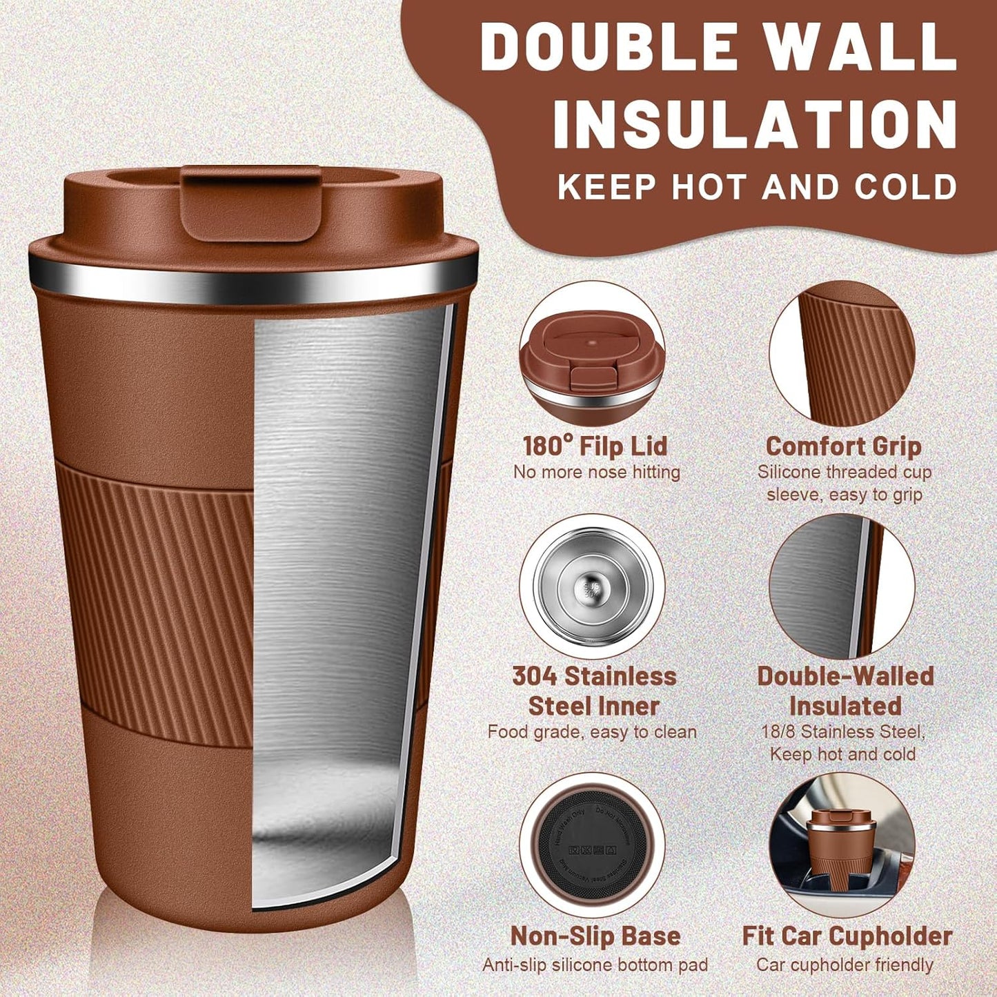 Insulated Coffee Tumblers with Flip Lid 12oz / 17oz, Stainless Steel Travel Coffee Mug Leak Proof, Vacuum Insulated Coffee Mug Reusable Cup, Keeps Cold and Hot for Coffee Tea