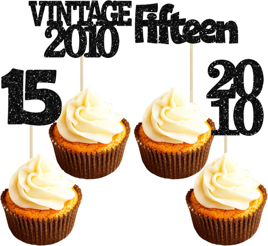 Gyufise 24Pcs 15th Birthday Cupcake Toppers Glitter Fifteen Vintage 2010 Sweet 15 Cupcake Picks Hello 15 Years Birthday Cake Decorations for Happy 15th Anniversary Party Supplies Black