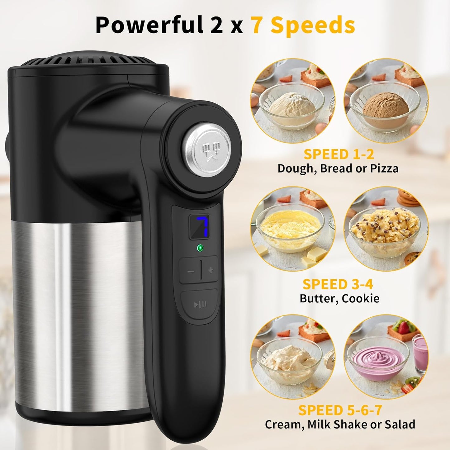 Cordless Hand Mixer, Digital Display 7 Speed Rechargeable Electric Mixer Handheld with 6 Stainless Steel Attachments Whisks Beaters Dough Hooks & Storage Base, Kitchen Blender for Baking, Eggs, Cakes