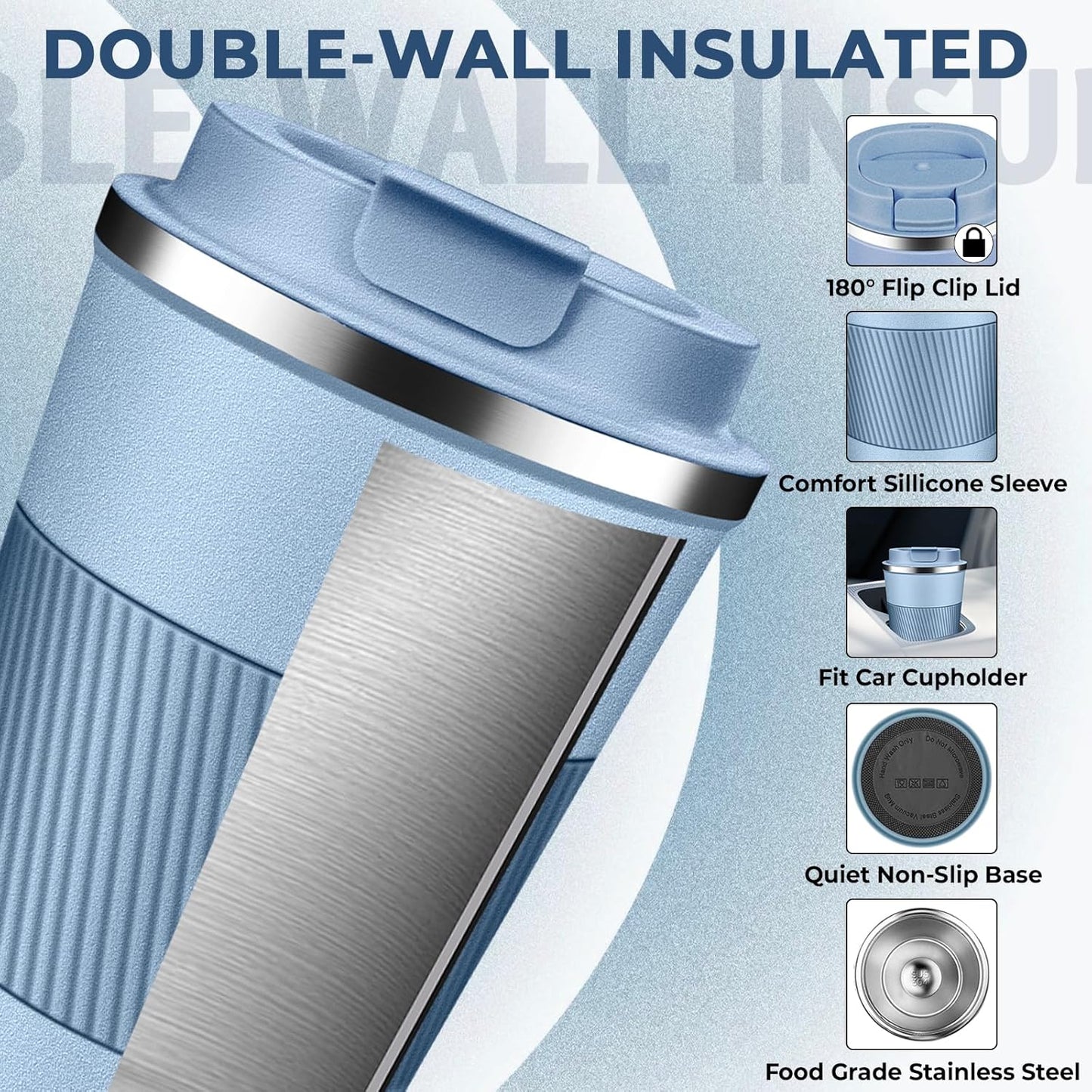 Insulated Coffee Tumbler 12 oz, Stainless Steel Coffee Mug with Lids, Travel Coffee Mug Leak Proof, Double Wall Vacuum Insulated Reusable Coffee Cup, Keep Drinks Hot and Cold (Sky Blue, 12 Ounces)