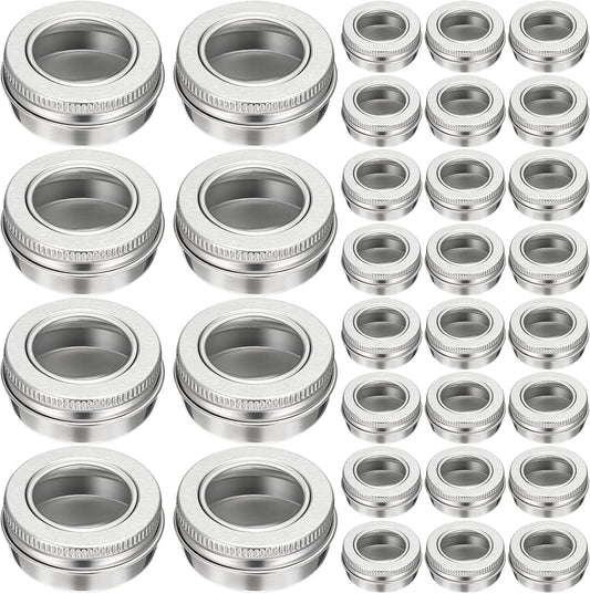 Zubebe 50 Pcs Aluminum Tin Jar Refillable Containers Clear Top Screw Lid Round Tin Container Bottle for Cosmetic, Cream, Diamond Painting, Salves, Balms, Lip Balm, Spices or Others, Silver (1 oz)