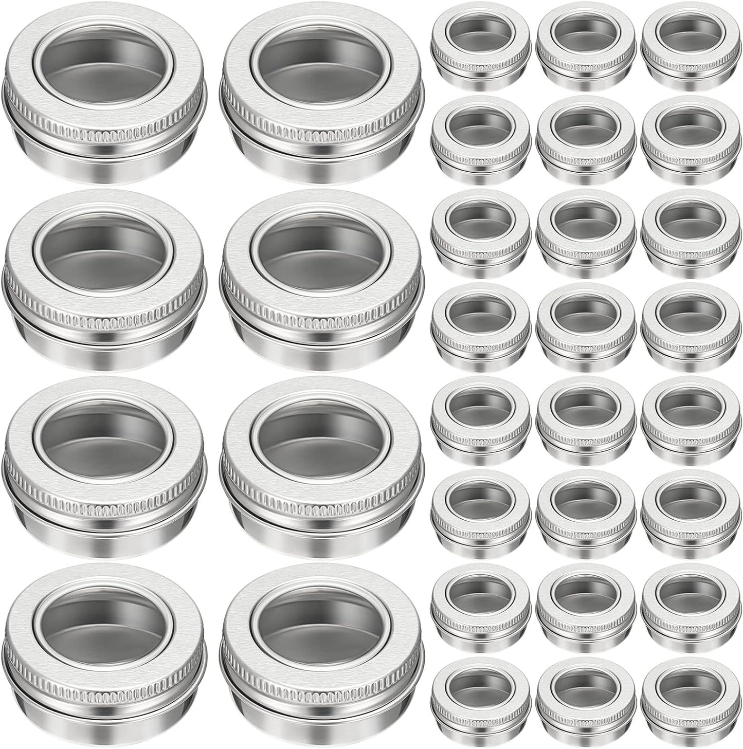 Zubebe 100 Pcs Aluminum Tin Jar Refillable Containers Clear Top Screw Lid Round Tin Container Bottle for Cosmetic, Cream, Diamond Painting, Salves, Balms, Lip Balm, Spices or Others, Silver (1 oz)