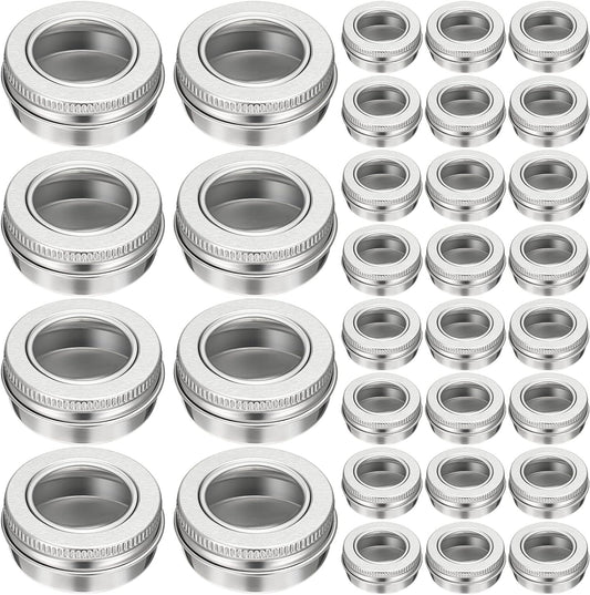 Zubebe 100 Pcs Aluminum Tin Jar Refillable Containers Clear Top Screw Lid Round Tin Container Bottle for Cosmetic, Cream, Diamond Painting, Salves, Balms, Lip Balm, Spices or Others, Silver (1 oz)