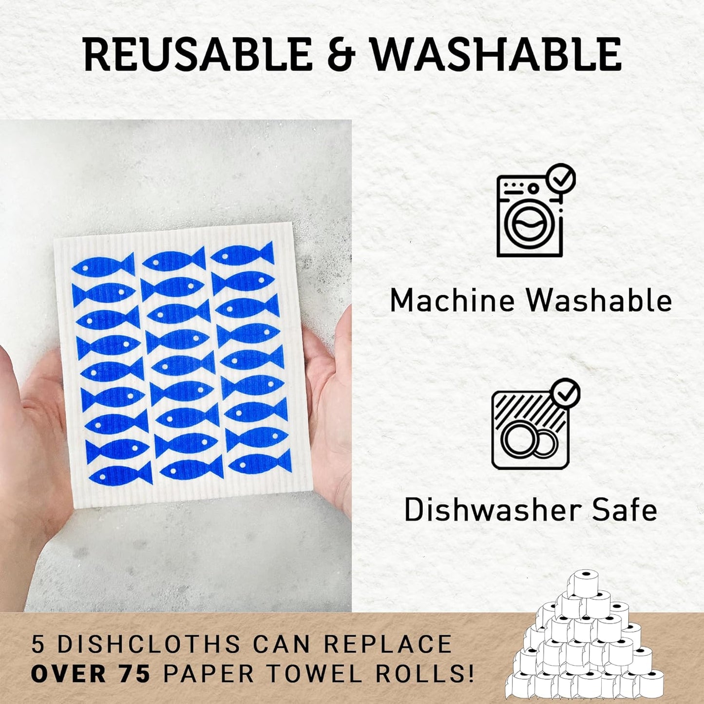 Nordhus Design Swedish Dishcloths,5 Fish Cloths, Made in Sweden - Reusable, Washable Cellulose Cotton Kitchen Cloths - Replace Paper Towels, Wipes, Sponges, Dish Rags