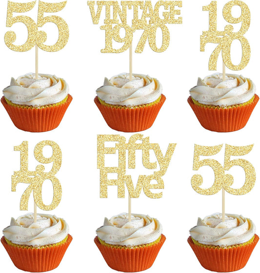 Gyufise 24Pcs 55th Birthday Cupcake Toppers Glitter Cheers to 55 Fabulous Fifty Five Vintage 1970 Cupcake Picks 55th Birthday Wedding Anniversary Party Cake Decorations Supplies Gold