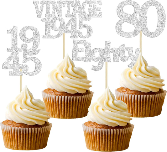 Gyufise 24Pcs 80th Birthday Cupcake Toppers Glitter Cheers to 80 Fabulous Eighty Vintage 1945 Cupcake Picks 80th Birthday Wedding Anniversary Party Cake Decorations Supplies Silver