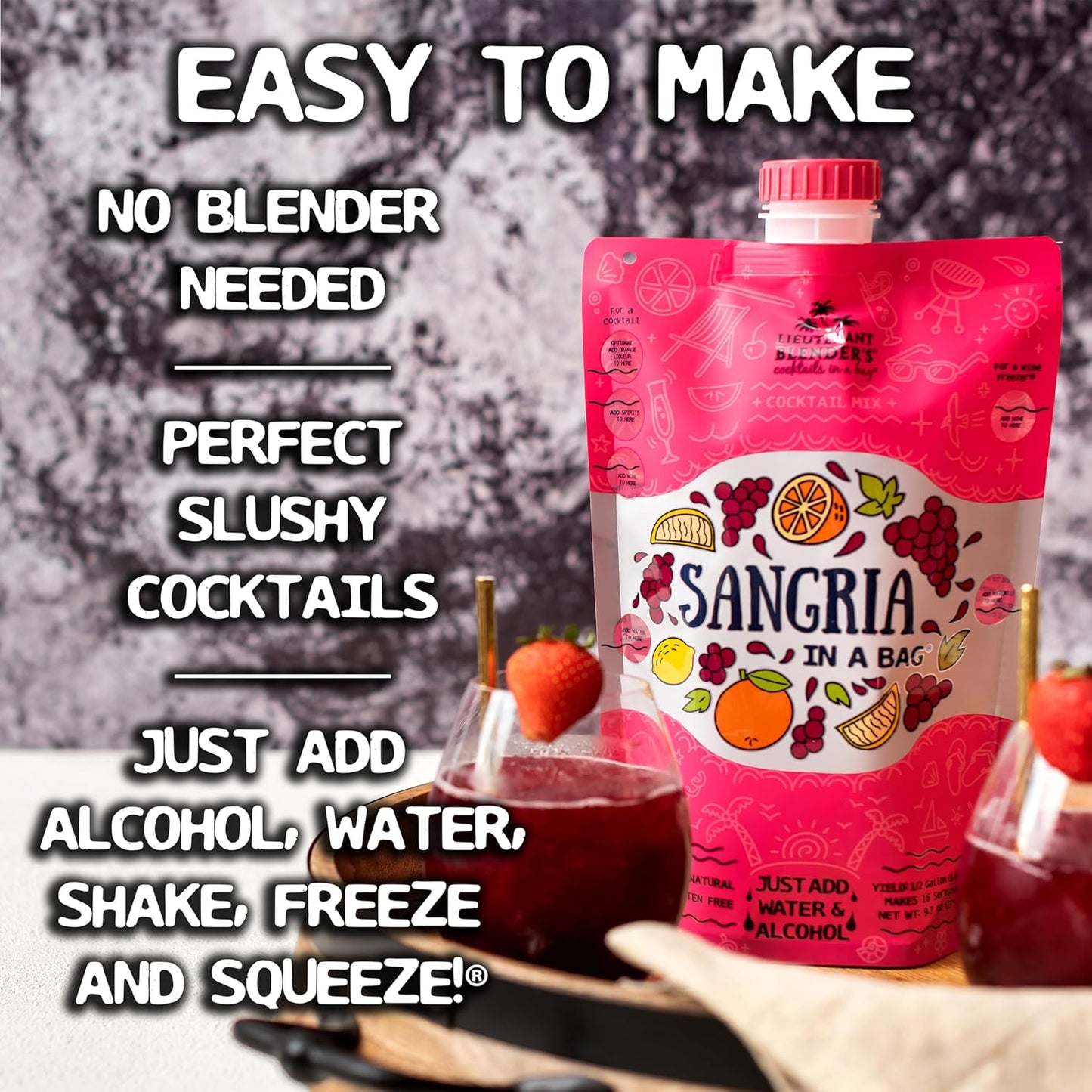 Lt. Blender's Sangria in a Bag – Wine Slushie Mixes - Each Bag Makes 1/2 Gallon of Frozen Red Sangria Mix – Non-GMO Wine Freezer Mix - Make with Wine, Liquor or as a Mocktail - (Pack of 4)