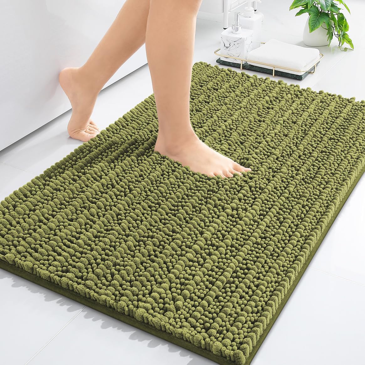Arotive Luxury Chenille Bathroom Rug Mat, Extra Soft Thick Absorbent Shaggy Bath Rugs, Non-Slip Machine Wash Dry, Plush Bath Mats for Bathroom, Shower and Tub, 24x16, Willow Green