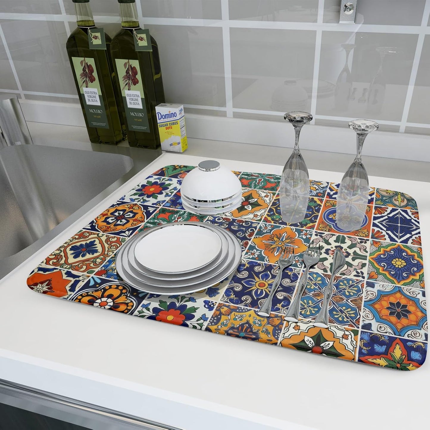 Talavera Mexican Tiles Dish Drying Mat for Kitchen Counter 18x24 Inch Mexican Flower Decorations Dish Draining Mat Mexican Tilt Fast Absorbent Tableware Dishes Pad for Coffee Bar Countertop
