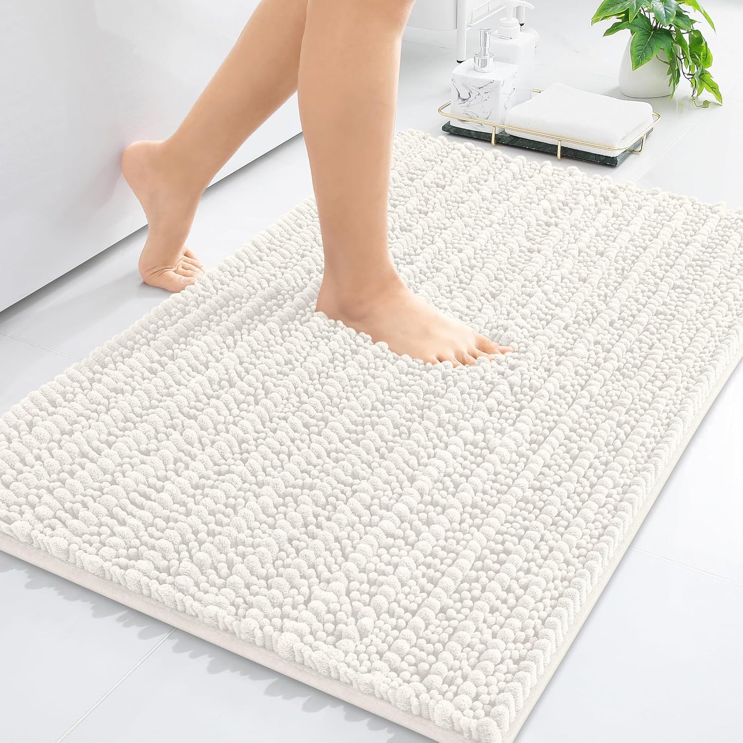 Arotive Luxury Chenille Bathroom Rug Mat, Extra Soft Thick Absorbent Shaggy Bath Rugs, Non-Slip Machine Wash Dry, Plush Bath Mats for Bathroom, Shower and Tub, 36x24, Ivory