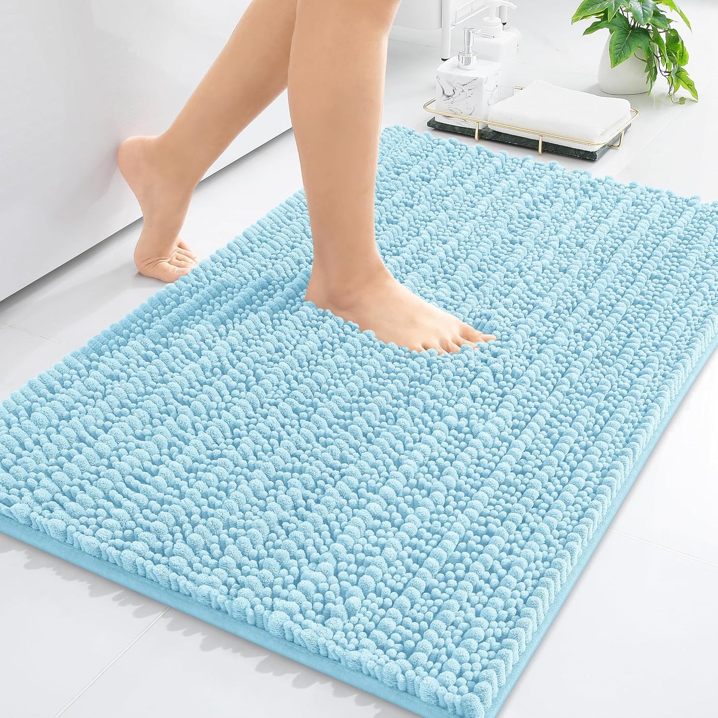 Arotive Luxury Chenille Bathroom Rug Mat, Extra Soft Thick Absorbent Shaggy Bath Rugs, Non-Slip Machine Wash Dry, Plush Bath Mats for Bathroom, Shower and Tub, 24x16, Blue