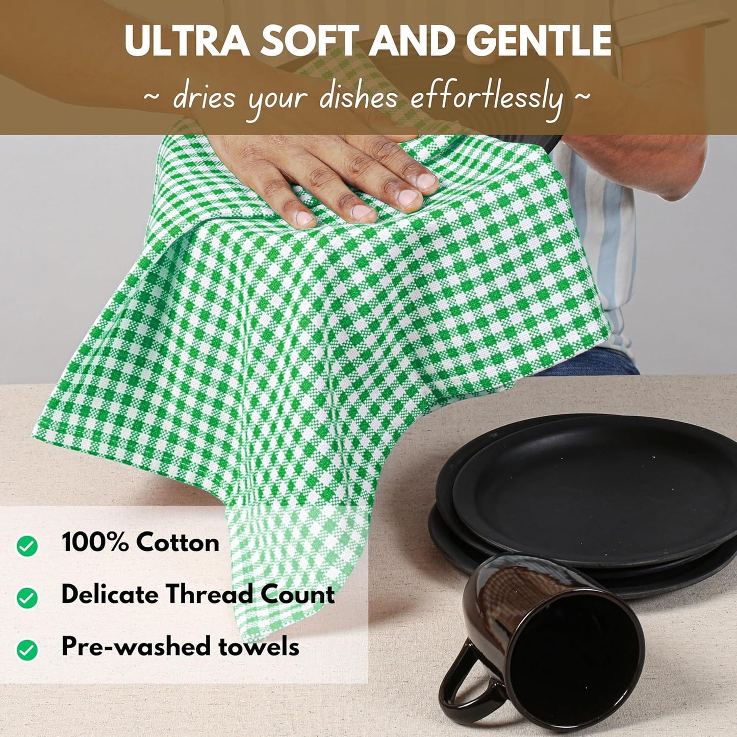 Native Fab Kitchen Dish Towels 16x26 inches Set of 4 Gingham Mini Check- 100% Cotton Dish Cloths for Washing Dishes, Absorbent Hand Towels with Hanger - Green White