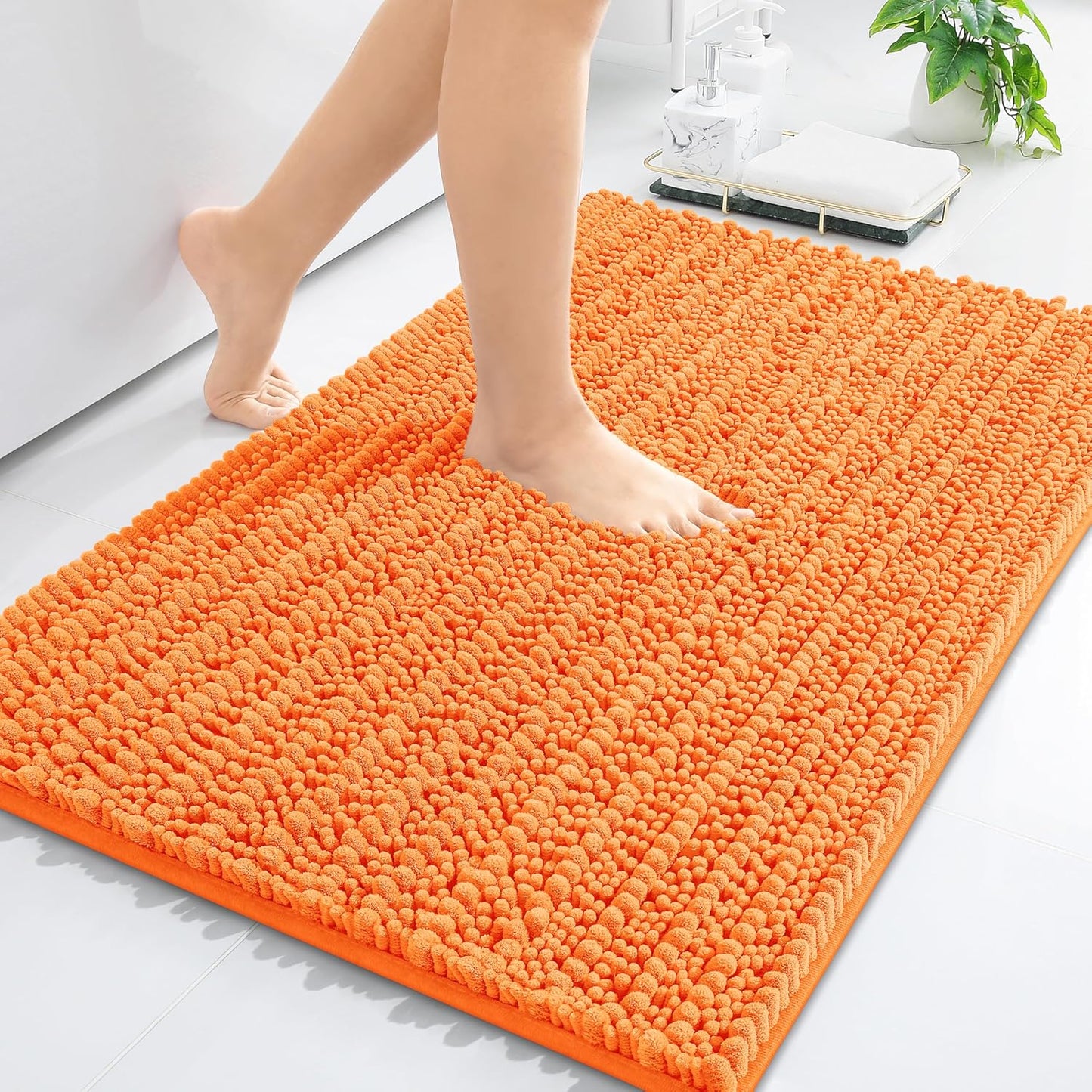 Arotive Luxury Chenille Bathroom Rug Mat, Extra Soft Thick Absorbent Shaggy Bath Rugs, Non-Slip Machine Wash Dry, Plush Bath Mats for Bathroom, Shower and Tub, 24x16, Orange