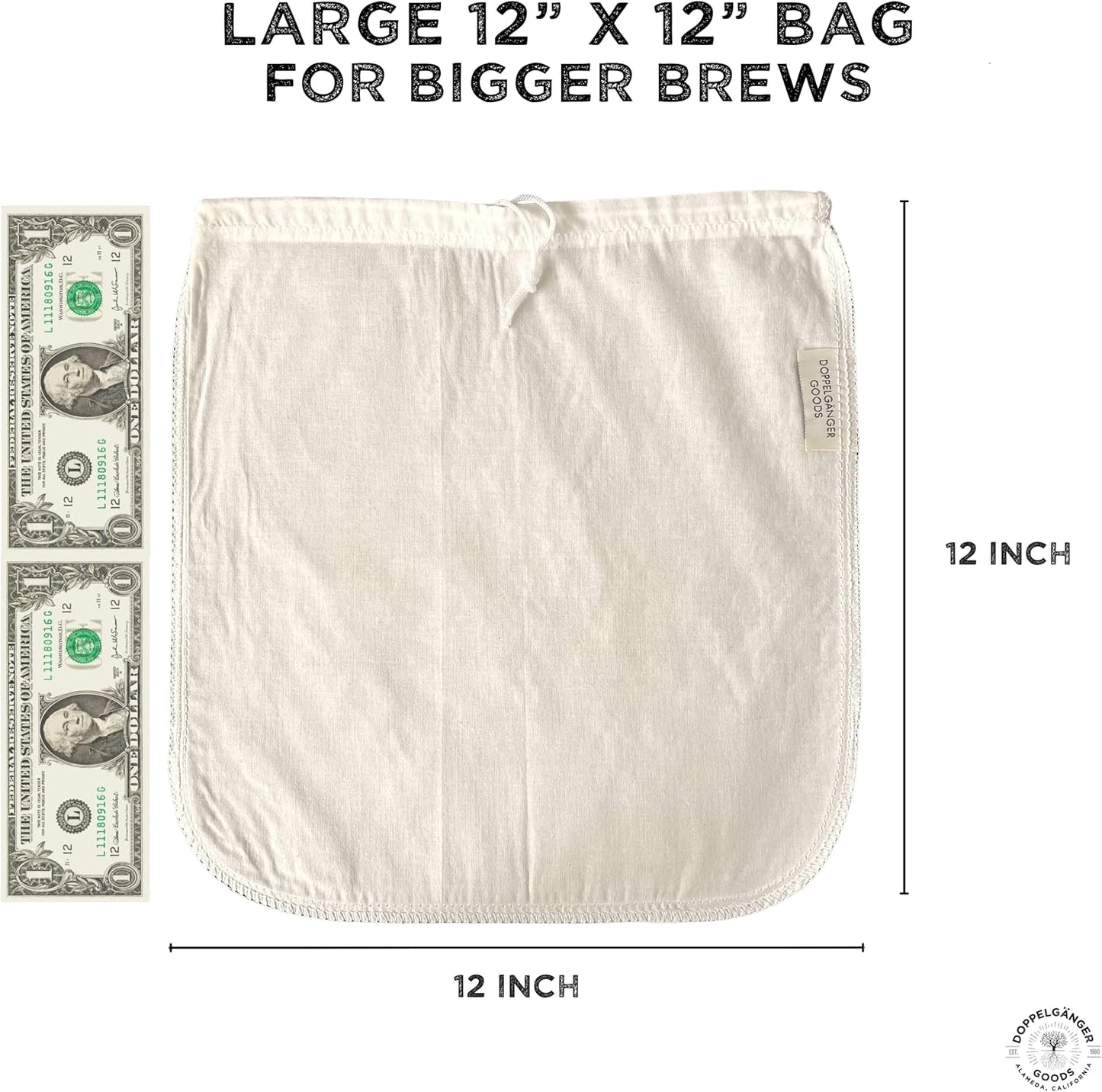 (2-Pack, Large 12in x 12in) Organic Cotton Cold Brew Coffee Bag - Designed in California - Reusable Coffee Filter with EasyOpen Drawstring Cold Brew Maker for Pitchers, Mason Jars, & Toddy Systems