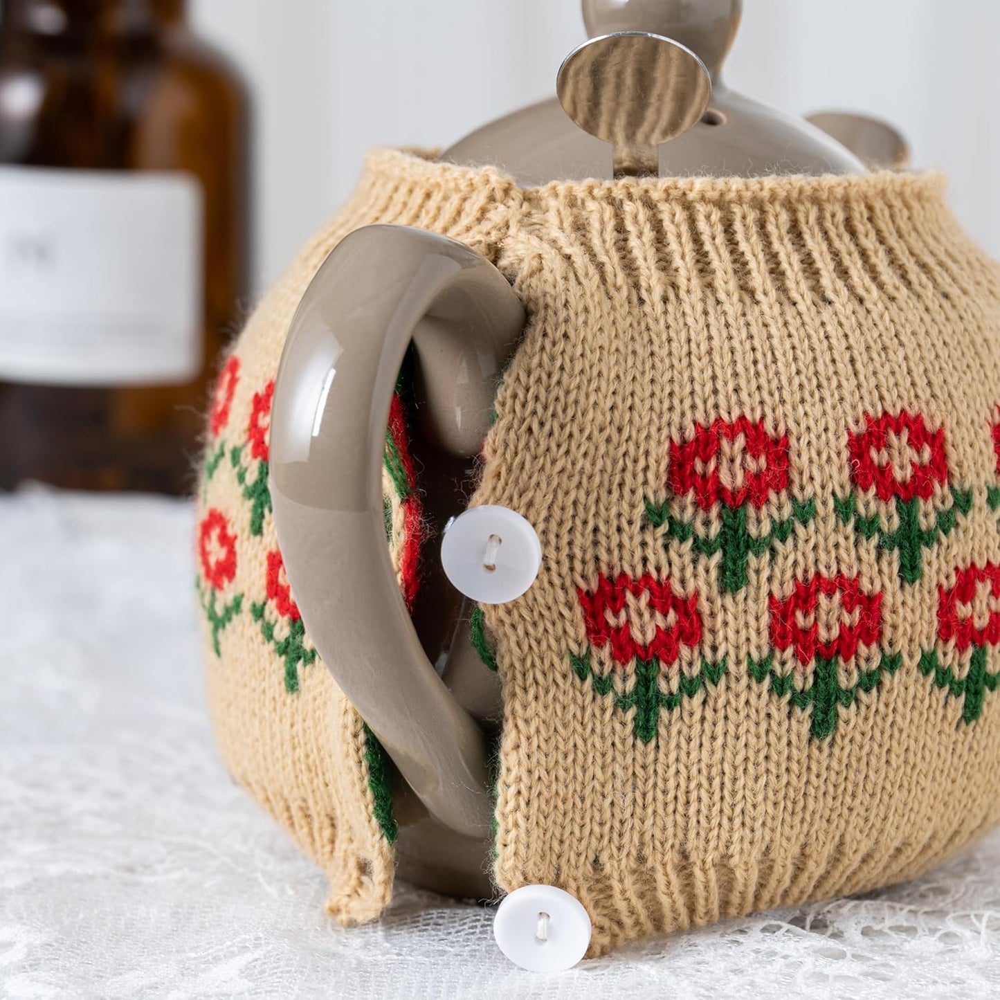 Tea Cozy Suitable for a 600ml,20oz Tea Pot,Teapot Warmer -100% Acrylic Fibers Filling,Two Piece (Toffee Flower)