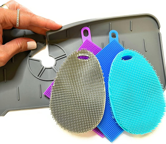 Faucet Mat for Sink - Silicone Scrubber Dish Set, Splash Guard, Food Grade BPA Free Kitchen Scrubber