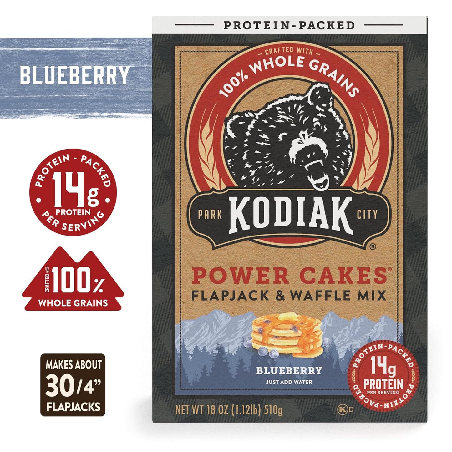 Kodiak Cakes Power Cakes Protein Pancake Mix & Waffle Mix - 100% Whole Grain - Blueberry (Pack of 6)
