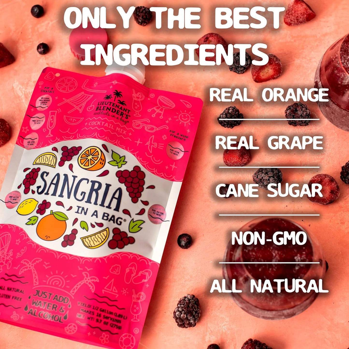 Lt. Blender's Sangria in a Bag – Wine Slushie Mixes - Each Bag Makes 1/2 Gallon of Frozen Red Sangria Mix – Non-GMO Wine Freezer Mix - Make with Wine, Liquor or as a Mocktail - (Pack of 1)