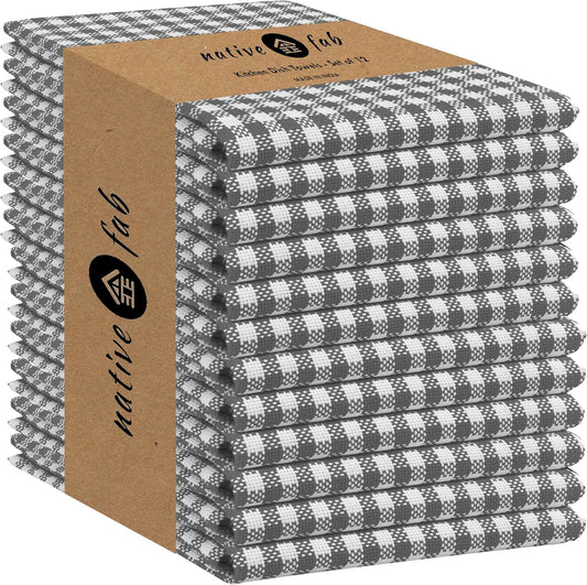 Native Fab 12 Pack Gingham Mini Check Kitchen Dish Towel Cotton Durable Washable 16"x26" - Tea Towels, Soft Absorbent Wash Cloths, Multi Purpose Towels with Hanging Loop - Grey White